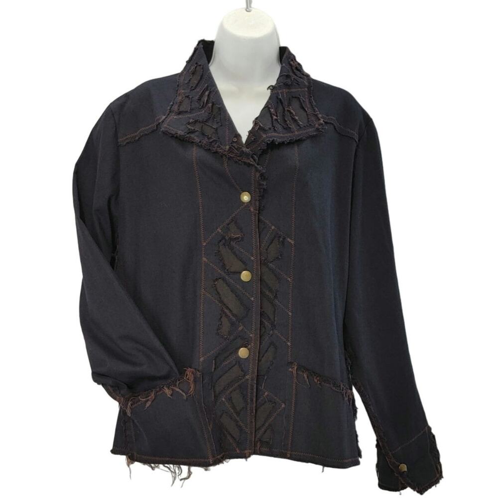 Linda Lundstrom Distressed Jacket Button Front Raw Hem Black Womens Plus Size 18